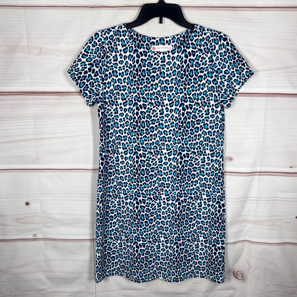 Jude Connally Dress Women XS Blue Leopard Print T-Shirt Shift Short Sleeve Knit